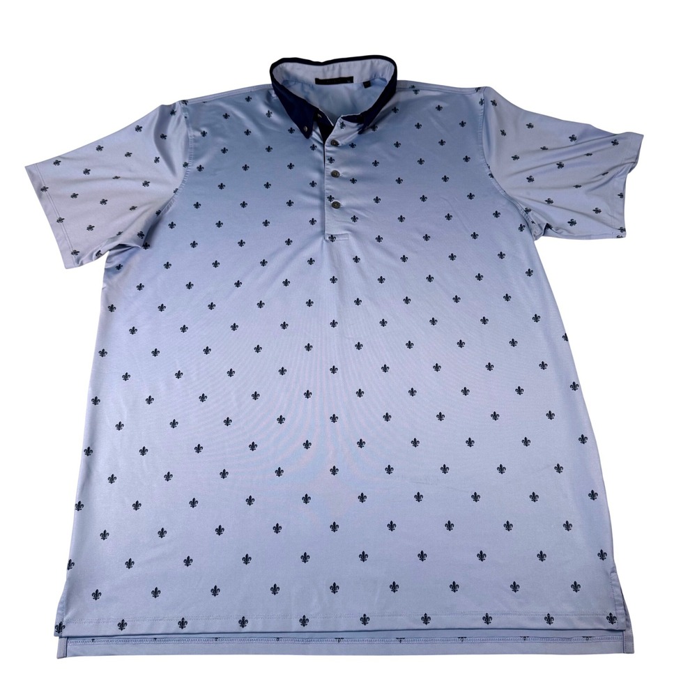 Greyson Mens XL Blue Fleur De Lis Golf Polo Shirt Performance Knit Golfcore Logo